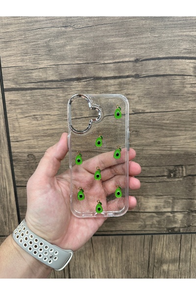 YZGOLDEN iPhone 17 Compatible Avocado Patterned Transparent Glitter Silver Camera Protruding Shiny Cover