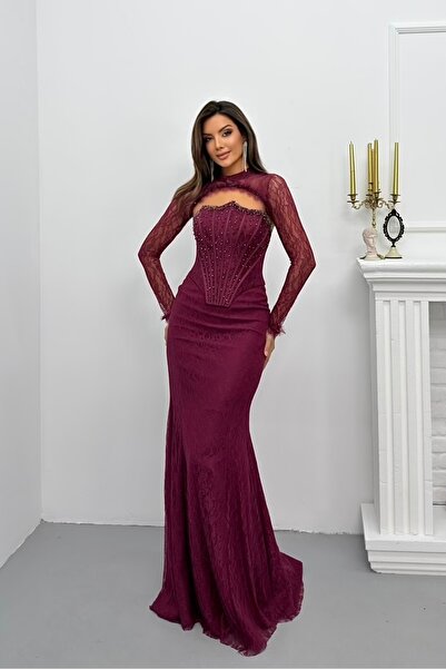 İyem Abiye Bolerolu Ve Dantelli Balenli Şık Tasarım Abiye Elbise Dar Kalıp