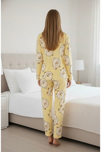 NOCHES PYJAMAS Kadın Süet Boydan Düğmeli Civciv Desenli Pijama Takımı
