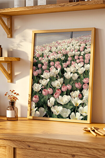 VERONİCA LİNE Doğal Ahşap Çerçeveli Bahar Laleleri Sanatsal Poster Tablo