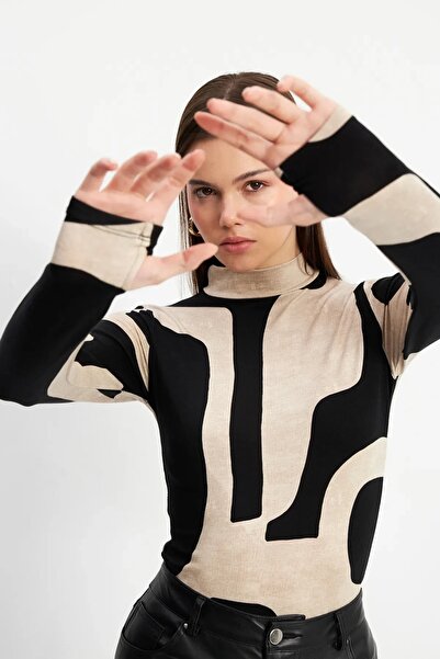 Yefrastore Women's Black Beige Mango Patterned Finger Detailed Bodysuit