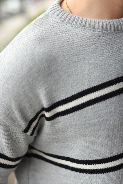 Madmext Gray Striped Knitwear Men's Sweater E7457