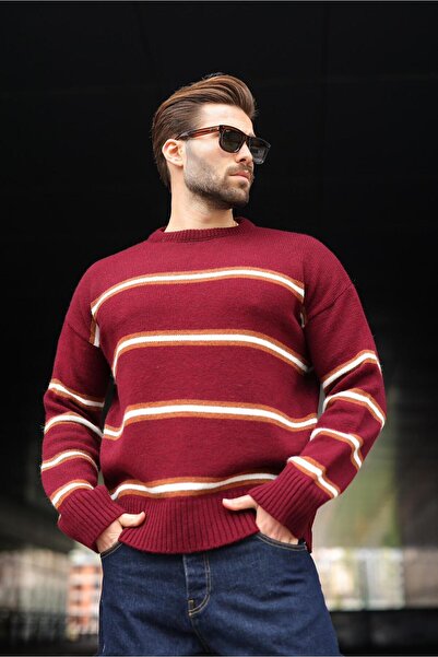 Madmext Bordo Çizgili Triko Erkek Kazak E7457