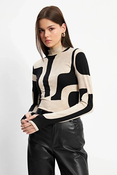 Yefrastore Women's Black Beige Mango Patterned Finger Detailed Bodysuit