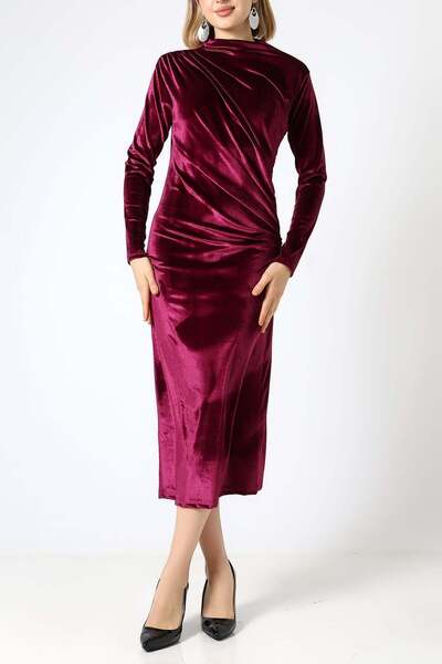 Sabr فستان ميدي مخملي نصف فيشر فستان بتجاعيد مجمّعة – فستان مخملي أنيق وراقي