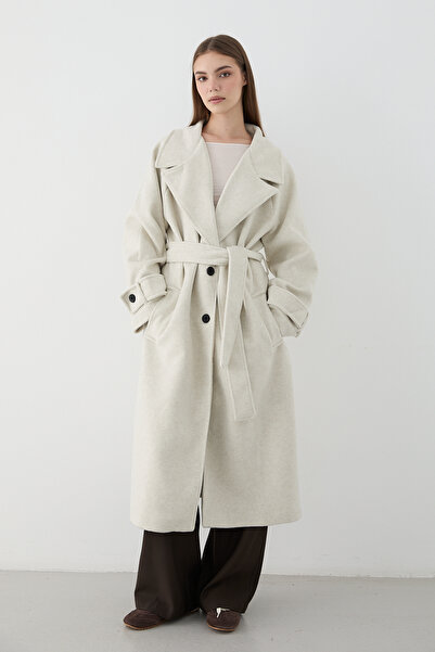 JASTE Women's Stone Wide Rever Collar Belted Long Coat