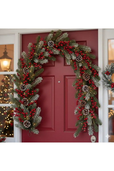 DODOMAR Ghirlandă de Crăciun cu fructe de pădure și conuri de 180 cm – Ornament natural pentru ușă, perete și blat de masă