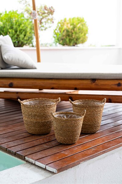 KaiHome Premium El Örgüsü 3 Parça Hasır Saksı Seti – Su Geçirmez İç Kaplamalı