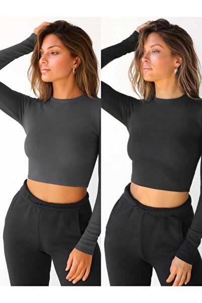 ÖZ PAMUK 2 Pcs Women's Black Corded Fabric Crew Neck Ribbed Knit Crop Blouse