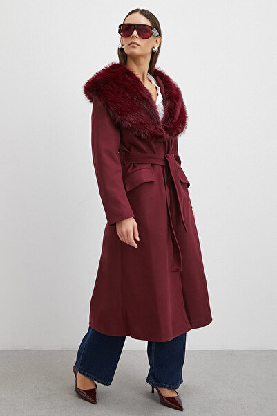 Never more Fur Collar Belted Cashmere Coat Burgundy