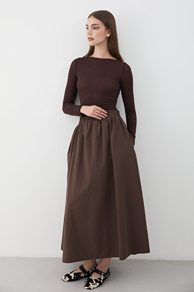 JASTE Women's Brown Gathered Waist Elastic Long Maxi Skirt