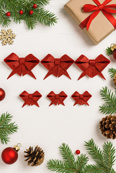 DODOMAR Panglică cu fundă Eva cu sclipici roșu – Set de 6 (3×9 cm + 3×6,5 cm)...