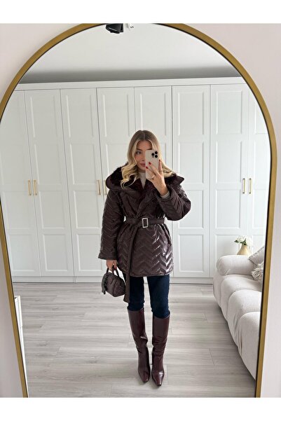 CKBUTİK Mürdüm Rugan Kürk Detaylı Şişme Mont