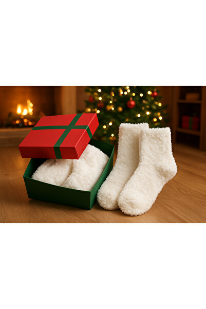 Perili Kadın Peluş Uyku Çorabı Termal Etkili Beyaz-Hediye Kutulu – Extra Yumuşak