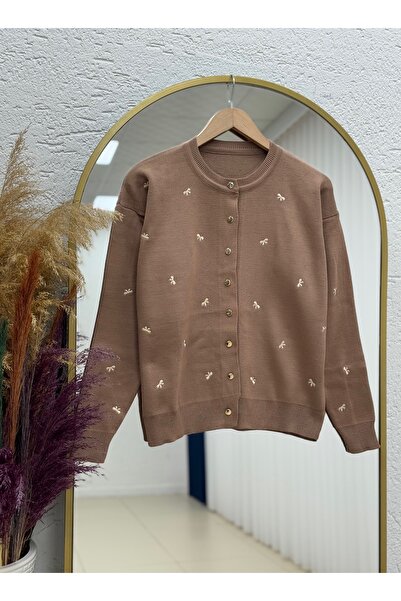 MİHRA STORE Karoria Bow Detail Metal Button Knitted Cardigan-SY3221 Milk Coffee