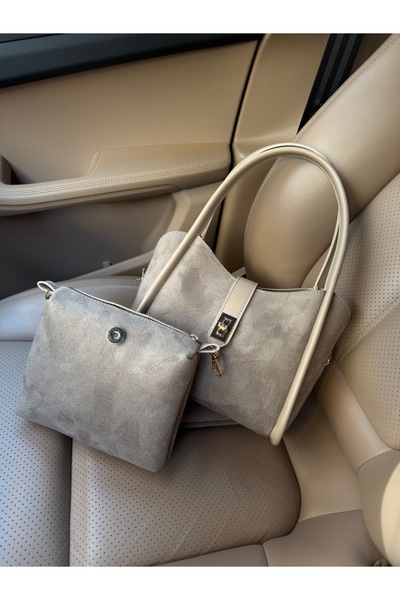 NOTHING Women's Suede Mink Lock Detailed Three-Compartment Detachable Makeup Bag Hand and Shoulder Bag Lemina