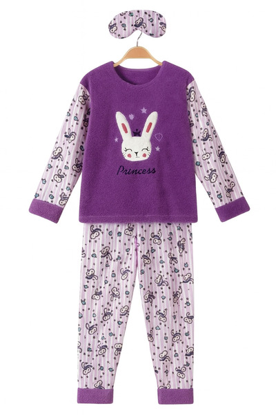 Beka Kids Girl's Patterned Soft Thick Winter Applique Embroidered Purple Fleece Pajama Set Warm Fabric