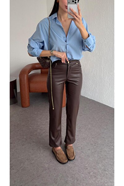 HAZELANNA Pipe Leg Brown Leather Trousers