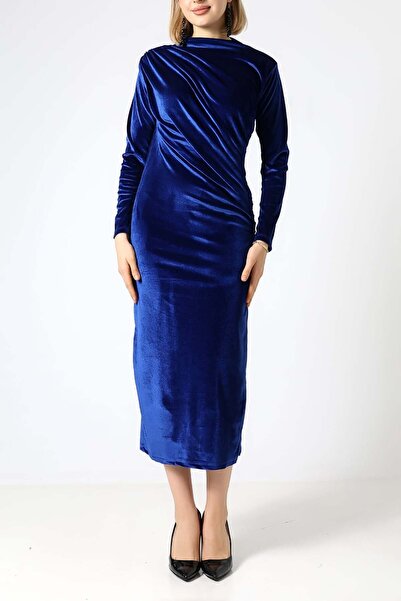 Sabr فستان ميدي مخملي نصف فيشر فستان بتجاعيد مجمّعة – فستان مخملي أنيق وراقي