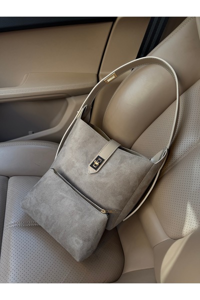 NOTHING Women's Suede Mink Gold Lock Detail Accessory Adjustable Lock Strap Handbag and Shoulder Bag