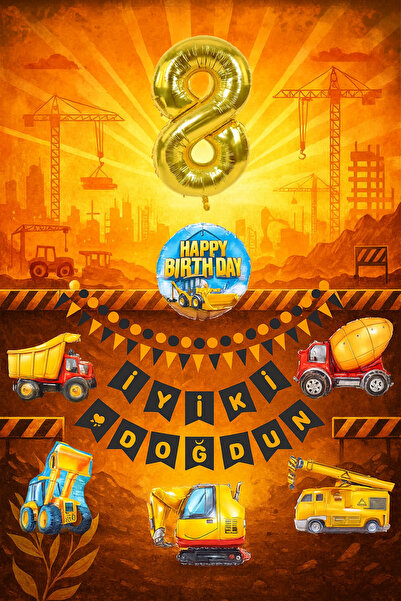 İthal Construction Themed 8-Year-Old Birthday Party Set, Large Size 8-Piece B...