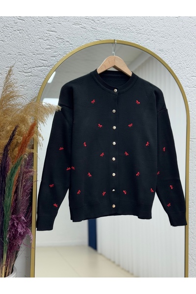 MİHRA STORE Karoria Bow Detail Metal Button Knitted Cardigan-Sy3221 Black