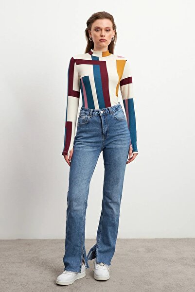 Yefrastore Women's Colorful Long Block Patterned Finger Detailed Bodysuit