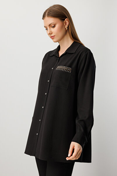 Ekol Women's Plus Size Pocket Stone Embroidered Shirt 3561 Black