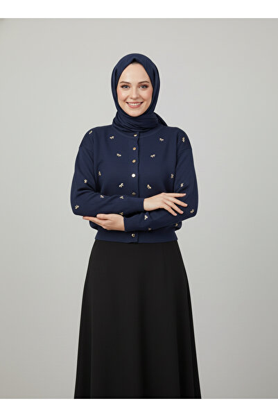 MİHRA STORE Karoria Bow Detail Metal Button Knitted Cardigan-Sy3221 Navy Blue