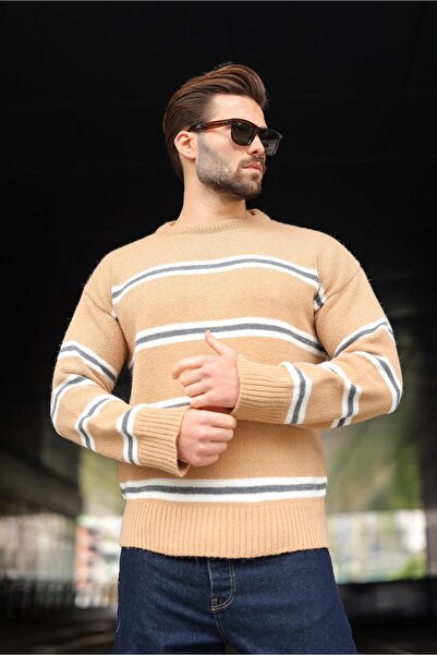 Madmext Ανδρικό πουλόβερ με ρίγες Camel E7457