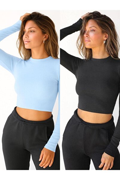 ÖZ PAMUK 2 Pcs Women's Black Corded Fabric Crew Neck Ribbed Knit Crop Blouse