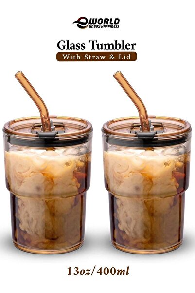 Eworld 13oz/400ml Brown Double Wall Glass Tumbler with Lid & Straw – Pack of 2 & 4