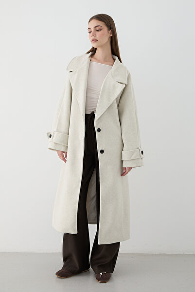 JASTE Women's Stone Wide Rever Collar Belted Long Coat