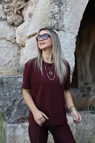 bytugcekaya Burgundy Decorative Collar Casual T-Shirt