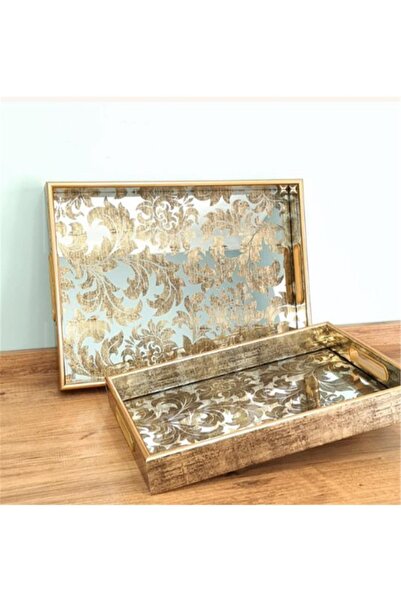 Beliza Ahşap Kenarlı Desenli İkili Servis Tepsi Seti