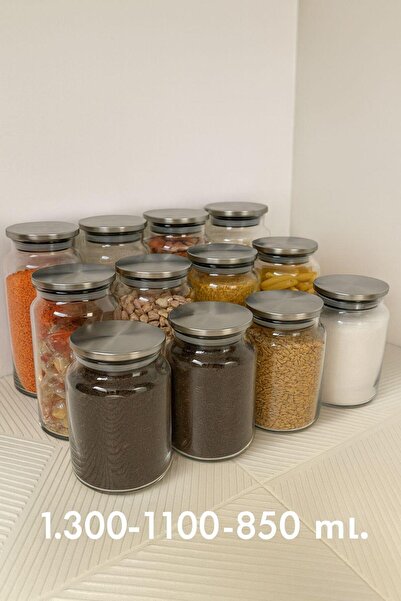LİNGO HOME 12 Pieces 3 Different Large Size Vacuum Metal Lid Jars - Storage Container Set -1300-1100-850 ml