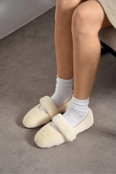 Ayra Moda Rabbit Fur Elastic Non-Slip Sole Women's Ballet Slippers Home Slippers