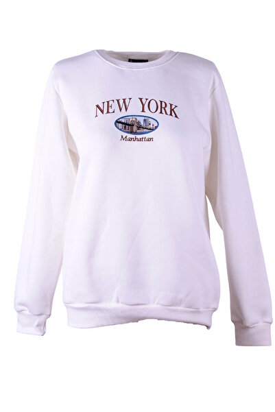 trender 26Kl71S95007 Ecru Women's Sweatshirt New York Printed