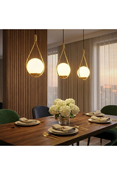 MOİRA 3'lü Sıralı Damla Avize Altın Metal,Beyaz Glop Camlı Yemek Masası Mutfa...