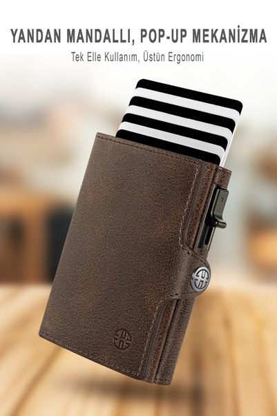 Trusador Palermo Brown Tri-Fold Mechanism Card Holder Genuine Leather Wallet Unisex Women Men Rfid Protected