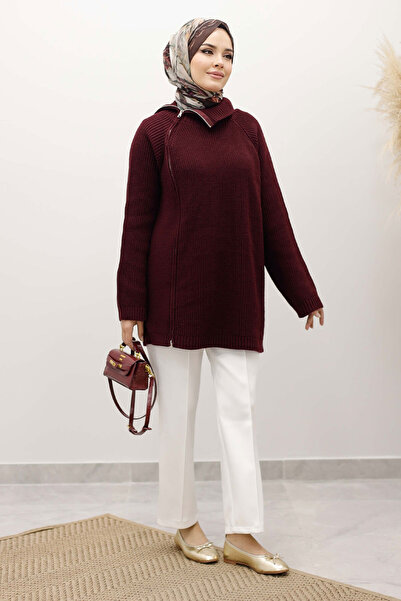 Tesettür Dünyası Zipper Detailed Knitwear Tunic Tsd250254 Claret Red
