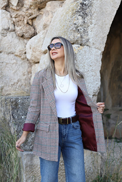 bytugcekaya Green Burgundy Lined Houndstooth Blazer