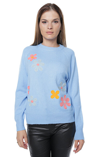 Jolenttine Pulover cu imprimeu floral, amestec de cașmir și lână, albastru deschis