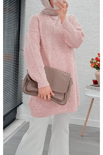 Vaniza Embossed Asymmetrical Striped Knitwear Tunic Sweater