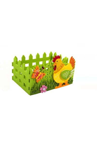 OEM Coș decorativ de Paște din fetru, gard verde cu găină și fluture 17x13x7cm