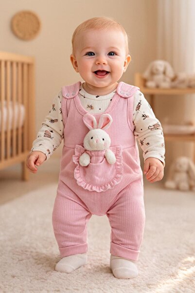 Baby Breeze Bebek Kız 2'li Tulum Takımı Salopet Tavşan Desenli Badi Oyuncak T...