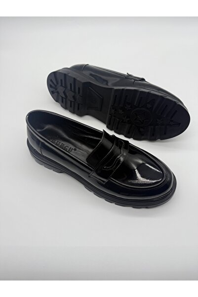 BURCU COLLECTİON Aden Thick Sole Black Patent Leather Loafer