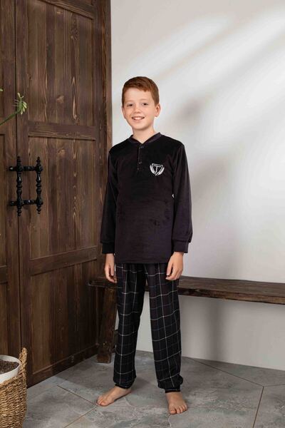 Tarık Men's Black Plaid and Square Pattern Long Sleeve Father-Son Velvet Fabric Winter Warm Pajama Set