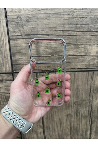 YZGOLDEN iPhone 17 Pro Compatible Avocado Patterned Transparent Glitter Silver Camera Protruding Shiny Cover