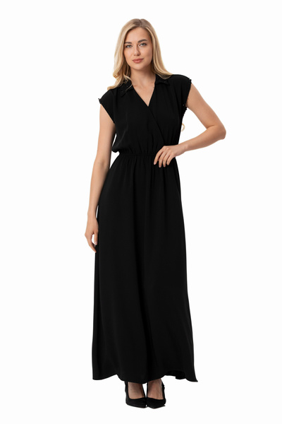 LADYNESS Siyah Boncuk İşleme Detaylı Dökümlü V Yaka Maxi Elbise